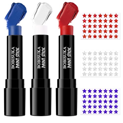 BOBISUKA Red White Blue Face Paint Stick Set with 3 Glitter Star Sticker Sheets Patriotic Face Paint for Kids & Adults Cream Body Paint Makeup for 4th of July USA Party Parade Sports Events