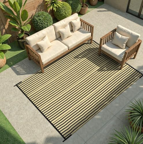LEEVAN Waterproof Outdoor Rug 6x9 Patio Rug Clearance Black and Tan Plastic Straw Area Rug for Backyard Striped Camping Outside Mat for Picnic, RV, Deck, Bench, Balcony