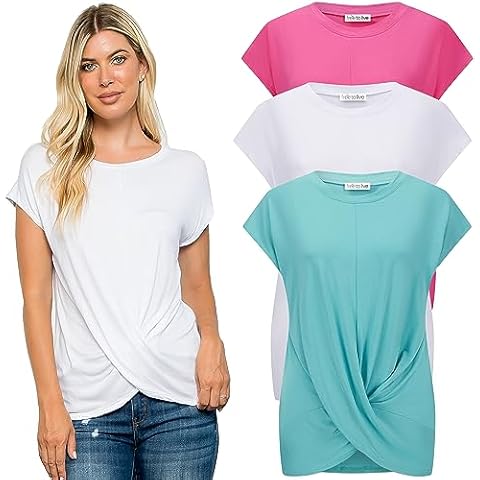 Free to Live 3 Pack Women's Round Neck Loose Fitted T Shirt, Front Twist Knot Tunic Style Tops (Medium, Fuchsia, Mint, White) Cover