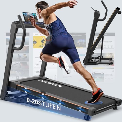 Decorcn Cinta de correr para el hogar – 4,5 CV, hasta 16 km/h. Cinta de correr profesional grande, plegable, 20 niveles de inclinación, almohadilla de marcha silenciosa con pantalla LCD interactiva y