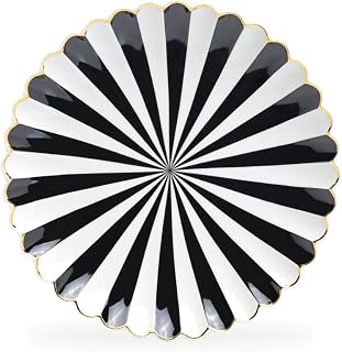 Grace Teaware Black and White Stripe Scallop Shaped Fine Porcelain 8.5-inch Dessert Salad Plate Set of 1, One plate