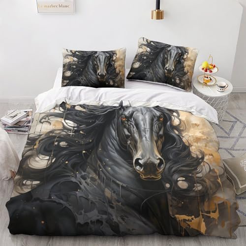 Housse de couette cheval noir parure lit impression 3D