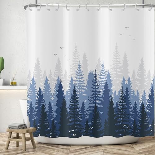 ASDCXZ Cortina de Ducha Forestal 180x180 cm, Degradado Azul Niebla Bosque Selva Pájaros Blancos Cortinas de Ducha Lavables baño Tela de Cortina Ducha Impermeable con 12 Ganchos