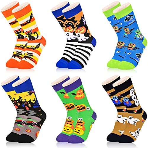 Dsia Zamur 6 Pack Halloween Socks for Kids Boys Girls + Gift Box Novelty Crazy Pumpkin Cat Owl Witch Castle Ghosts Calf Crew Socks for Children Sons