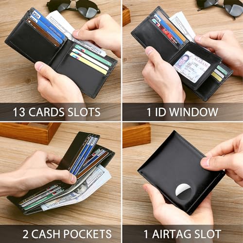 Swallowmall AirTag Wallet Mens RFID Blocking Genuine Leather Bifold Men's Wallet For air tag with 1 ID Window 13 Card Holders Black(Airtag Not included)3