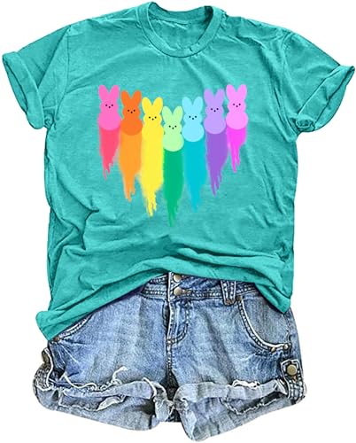 Image of Women Happy Easter T Shirt Bunny Rabbit Graphic T-Shirt Funny Letter Printed Shirts Short Sleeve Tops