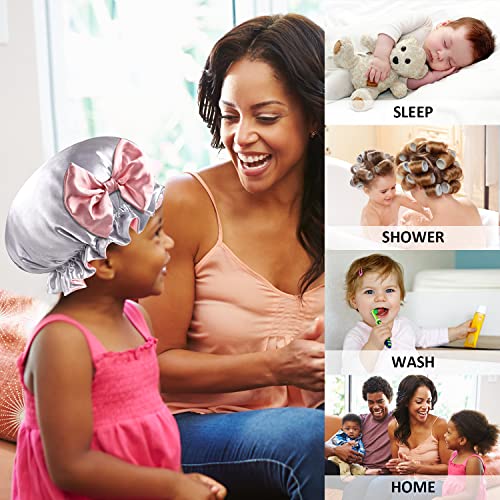 Danmy Kids Satin Bonnet Sleep Cap For Baby Infant Toddler Little Girls, Curly Hair Adjustable Silk Satin Cap For Children（Orange/Gray-2Pcs） #TOP6