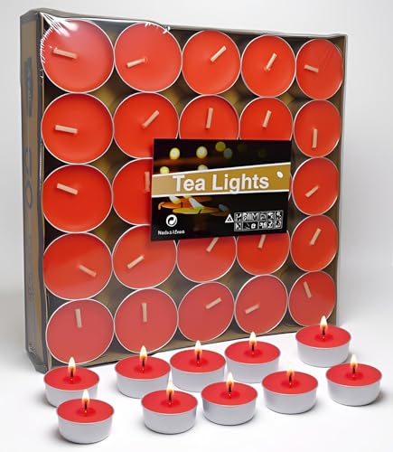 Artisoul® 50 Pezzi Lumini Candela Tealight Premium - Durata 4,5 Ore di Combustione Mini candele - Non profumate e Senza Fumo Privo di Inquinanti - Tè Luci Ceri Votivi Candele da Tè- Rosso