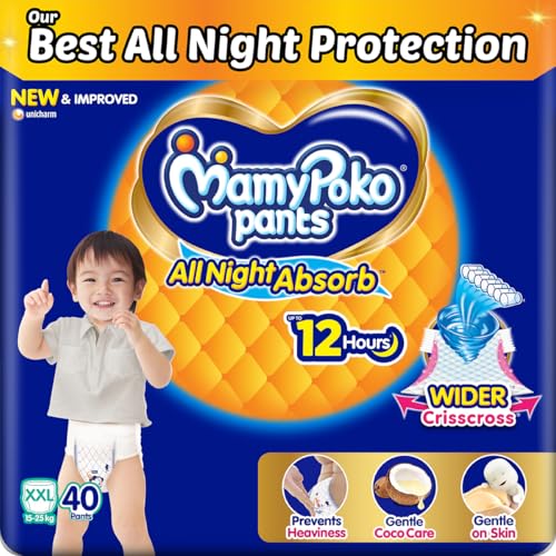 Image of Mamypoko Pants All Night absorbPant Style Baby Diapers (XXL) 40 CountIdeal for 15-25Kgs|All Night Absorption|Wider Crisscross Sheet|Gentle Coco Care12hr Leakage Protection Prevents Heaviness.
