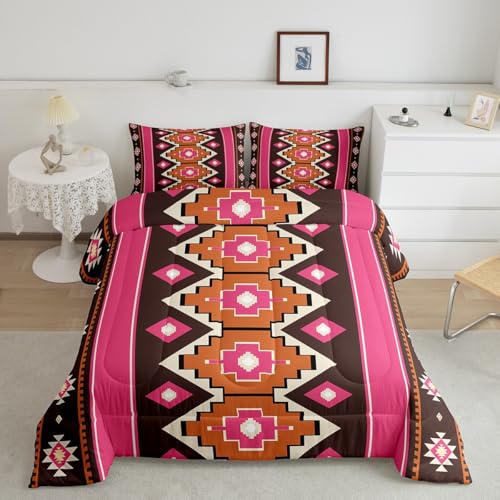 Image of Feelyou Boho Aztec Comforter Set King Size West Bedding Set for Kids Boys Girls Pink Brown Duvet Quilt Western Bedroom Decor Microfiber 3 Pcs with 2 Pillow Cases