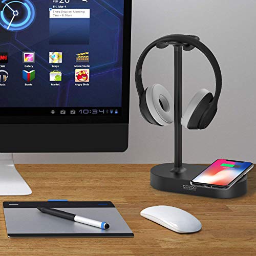 COZOO Headphone Stand with Wireless Charging Pad and 3 USB Charging Ports,10W,- Suitable for Gaming, DJ, Wireless Earphone Display (Black)
