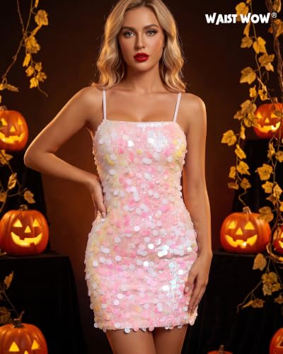 Image of Waist Wow Sequin Dress for Women Spaghetti Strap Sexy Dresses Glitter Sparkly Mini Dress