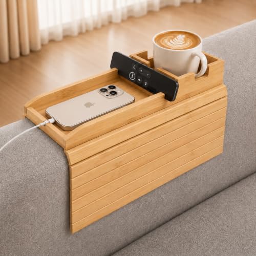 Bamboo Couch Arm Tray Table with Built-in Cup Holder Foldable Anti-Slip Sofa Armrest Table for Drinks Phone & Remote Fits 4.716.9 in Armrests Holds Cups up to 3.5 in Diameter (Bamboo)