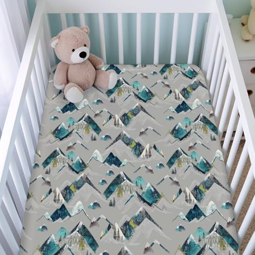 Image of Boho Mountains Baby Crib Sheets for Boy Girl 52 inchx28 inch Mountain Range Hiking Wild Crib Mattress Covers Soft Breathable Mountain Adventure Camping Baby Sheets for Standard Crib and Toddler Bed Mattress