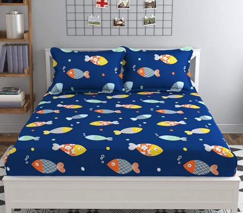 RD FABS Glace Cotton Wrinkle Free Soft Hypoallergenic Elastic Fitted Cartoon Printed Bedsheets for Kids with 2 Pillow(Size,78 x 72 Inches(Fits up to 8 Inch),Blue Fish),Double