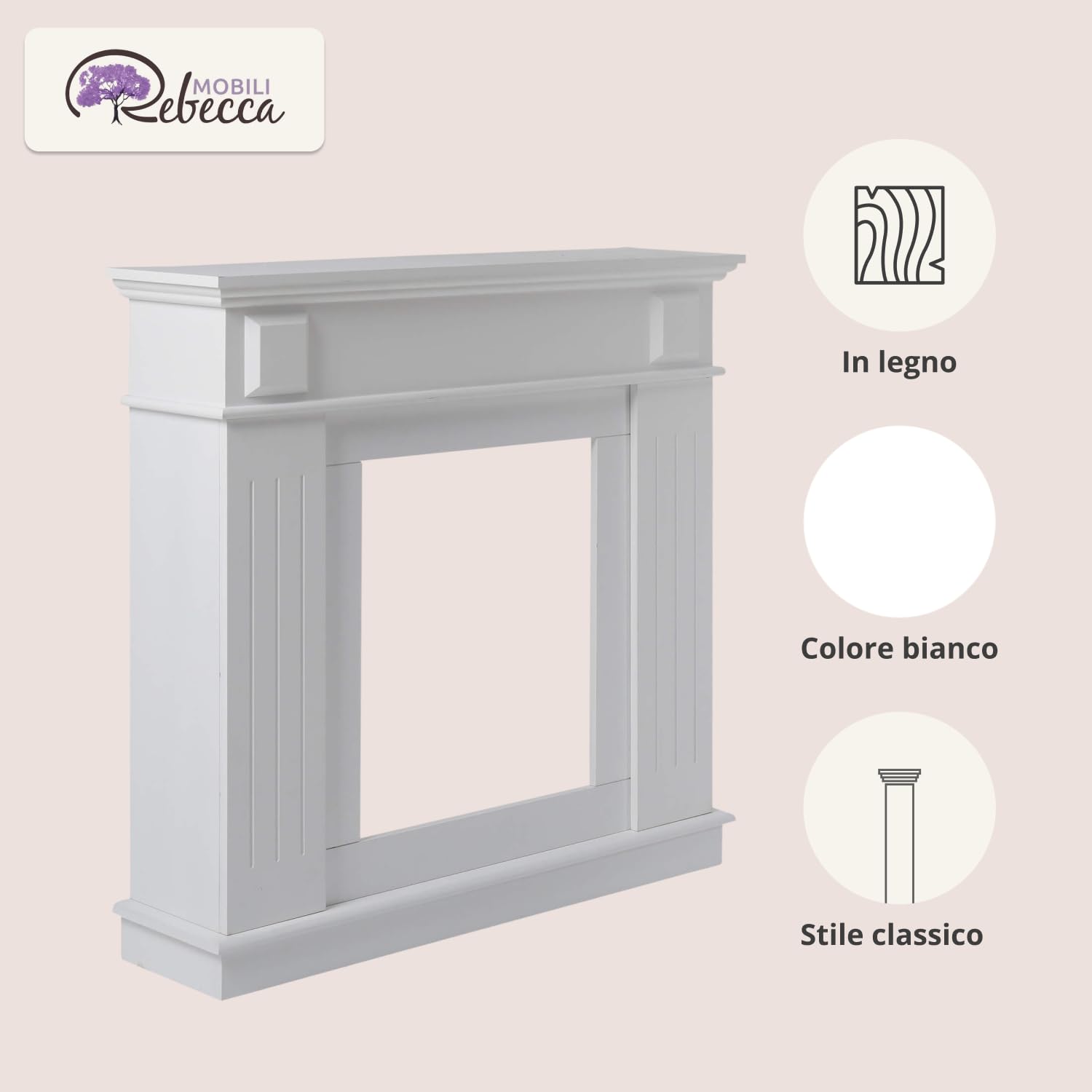 Rebecca Mobili Cornice decorativa caminetto, decorazione camino bianca, di legno, stile tradizionale, per soggiorno - Misure 100 x 109 x 26 cm (HxLxP) - RE4800