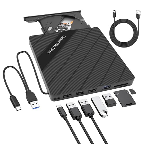 XMSJSIY Unidad de CD/DVD externa para ordenador portátil USB 3.0 tipo C portátil CD/DVD ROM +/ RW grabadora de disco duplicator con USB 3.0/tipo C/SD/TF tarjetas puertos 8 en 1 para ordenador de