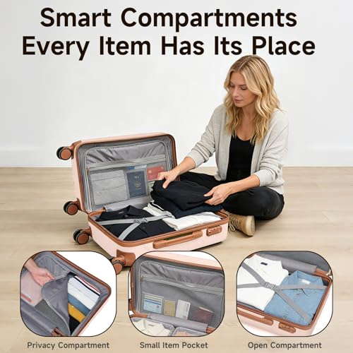 Image of Lightweight Carry on Luggage 22x14x9 Airline Approved Suitcases with Wheels YKK Zipper TSA Lock, 2 Piece Luggage Set for Weekend Getaways & Travel Business (14 /20 Pink)