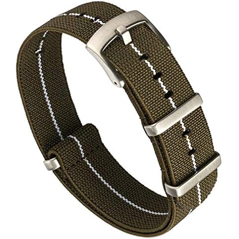 Benchmark Basics Elastic Watch Band - Parachute Nylon One-Piece Military Style Watch Straps for Men & Women (20mm, Green/White Striped) Cover