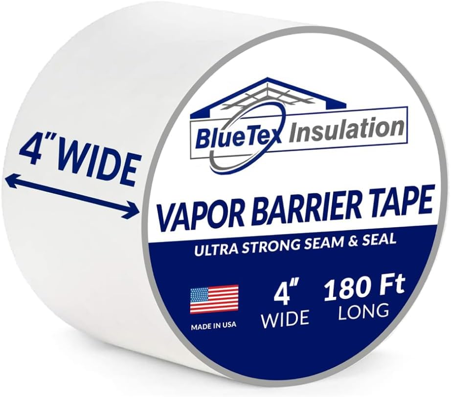 - BlueTex Insulationㅤ 4'' Wide x 180' Long White Vapor Barrier Tape - 1 Roll, Waterproofing for Stucco, Crawlspaces, Repair, Underlayment Seams, Metal Building Seams, Excellent Air Barrier