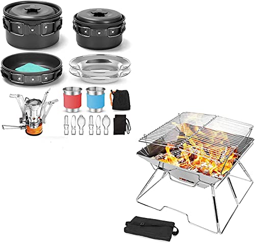 Comparison: Best Odoland 16Pcs Camping Cookware 7 Odoland 16pcs Camping Cookware Mess Kit with Folding Camping Stove and Folding Campfire Grill for Outdoor Backpacking Hiking BBQ
