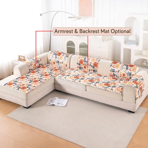Image of HOKIPO 'Nature Muse' Premium HD Printed Holland Velvet L Shape (2+2 Seater) Sofa Cover Seat Mat, Caramel Ambrosia (IN-915-D8 + IN-916-D8)