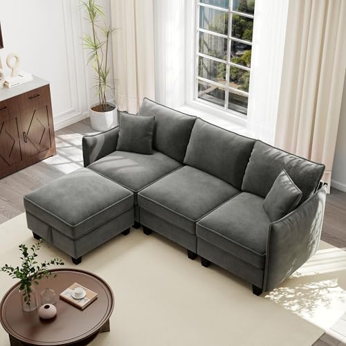 Image of Ihanherry 85.8 inch Modular L-Shaped Sectional Sofa, Modern 4-Seat Cloud Couch with Storage Ottoman, Comfy Chenille Convertible Furniture Set for Living Room, Apartment, Easy Assembly, Dark Grey