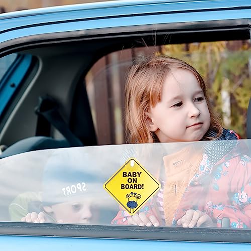 Bewudy Baby on Board Auto Warnschilder, 2pcs 4.7’’x4.7’’ Sicherheits Autoschild mit Saugnäpfen Abnehmbarer Kinder-Sicherheitswarnaufkleber für das Auto Gelb süß Baby on Board Aufkleber Auto (Typ A)