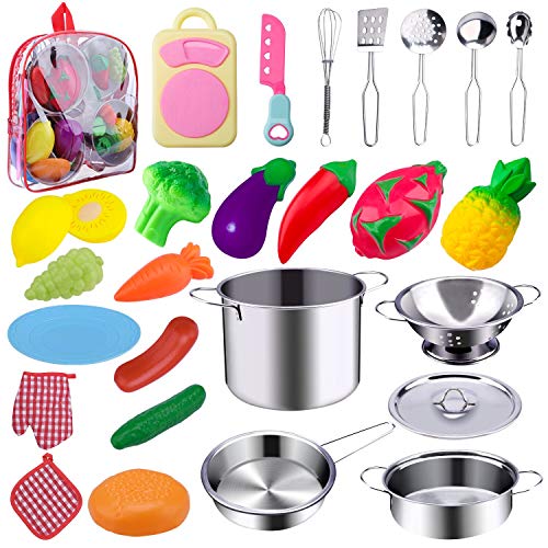 WAASII 26 Pcs Kitchen Pretend Play Accessories Toys with Stainless Steel Cookware Pots