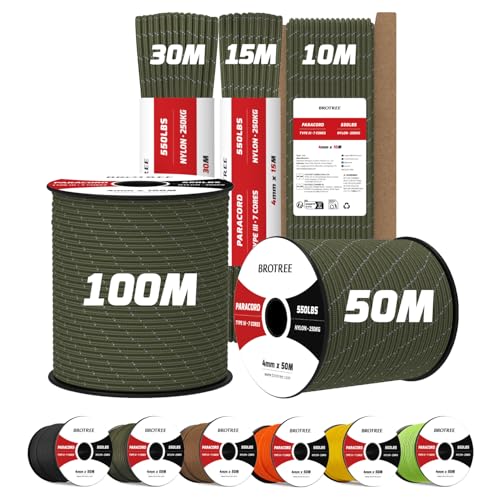 Brotree 4mm Paracord 550 7 Hebras Cuerda de Nylon 10M Tipo III Cuerda de Paracaídas para Supervivencia, Al Aire Libre, Bricolaje - 250kg Carga de Rotura (Reflectante Ejercito Verde)