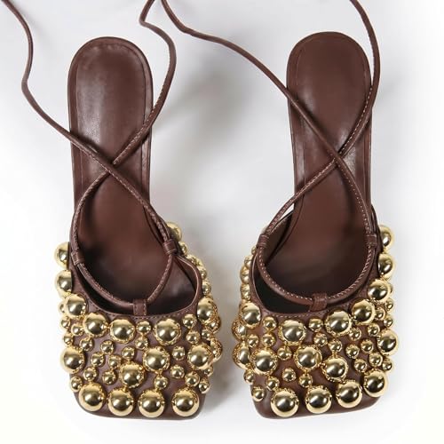 Image of Saint Leia Women's 4IN High Heel Sandals Nude Stiletto Pumps with Gold Silver Pearls Heels for Weddings Parties and Evening Wear
