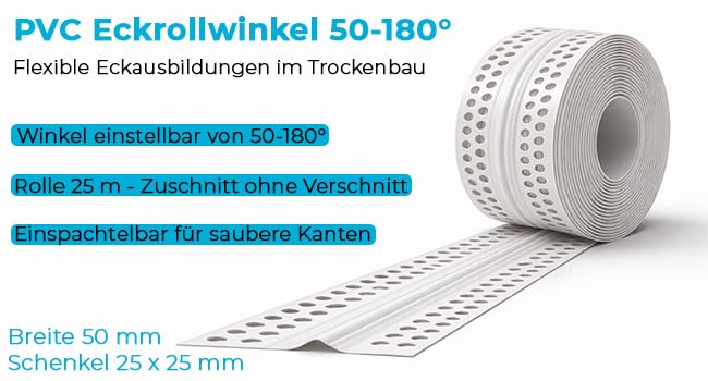 doitBau PVC Eckrollwinkel 4 Rollen 25 m | Kantenschutzprofil für Trockenbau | variabler Winkel 50 bis 180 Grad