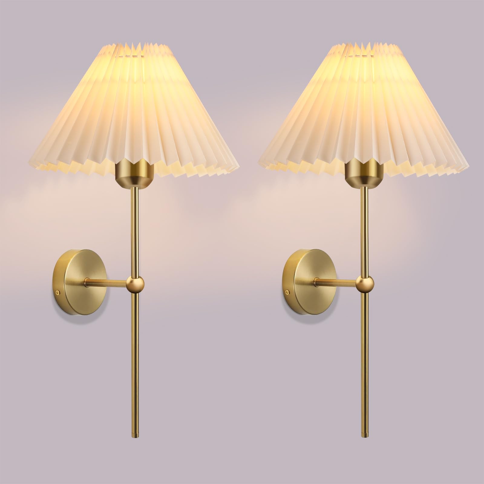 Gold Wall Sconces Sets of 2 Indoor Wall Light Fixtures with Fabric Lampshade Pleated Fabric Wall Lamp Dresser