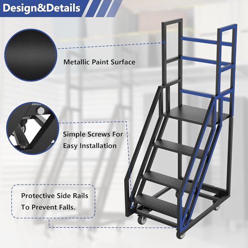 Image of 4 Step Mobile Home Stairs,39.3 inch W x 23.6 inch D x 78.7 inch H Movable Industrial Rolling Stairs,Handrails Anti Slip Storehouse Stair Ladder with Wheel,Suitable for Libraries Storehouse