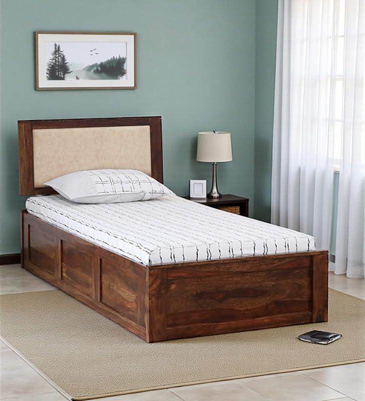 Image of Solid Sheesham Wood Pearl Single Bed with Box Storage | Wooden Single Bed Cot Palang Furniture for Bedroom Living Room Home and Hotel (Provincial Teak Finish)