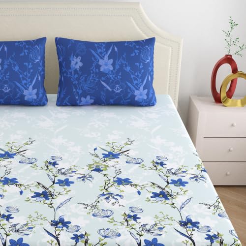 Image of Dreamscape 100% Cotton Queen Fitted Bedsheet with 2 Pillow Covers - (Size 60 x 78 inches, 140 TC, Colour - Blue)