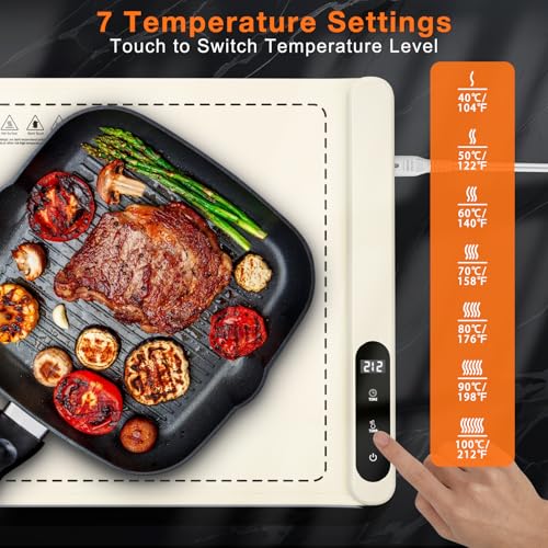 Image of FYY Warming Mat for Food with Heat Resistant Pad - Rapid and Full Surface Heating, 7 Temp Settings, 6H Timer, Rollable Portable Food Warming Mat for Countertop Party Buffet, Keep Meal Warm (XL, Beige)