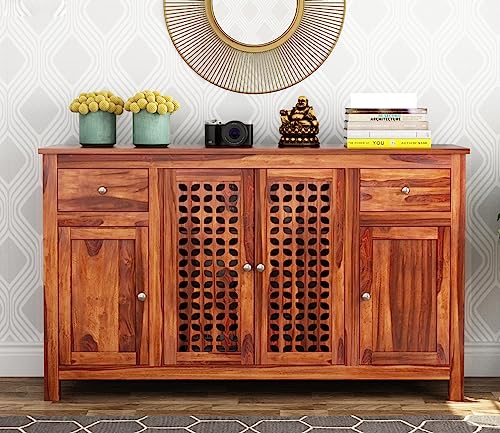 Image of Solid Sheesham Wood Wooden Sideboard Storage Cabinet & Chest of Drawer : Ideal for Living Room and Bedroom with 2 Drawers and 4-Shelf Storage (Mendes, Honey Finish)