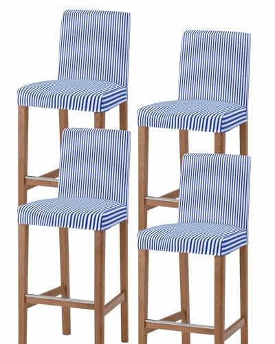 Navy Blue Stripe Bar Stool Chair Covers Set of 4 with Back,Stretch Barstool Slipcovers Washable,Modern White Vertical Striped Geometric Pub Counter Height/Swivel/Cafe/Dining Room Chairs Seat Cover