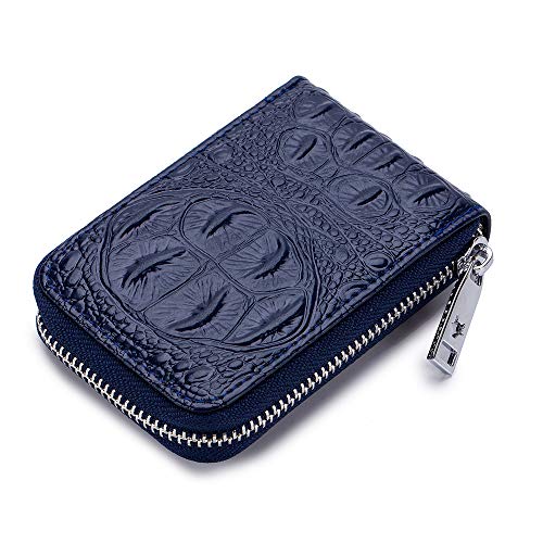 Wallets Genuine Leather For Womens Mens Crocodile Skin Embossed Coin Purse Mini Card Case Holder Zipper Pockets (Navy Blue,One Size)2