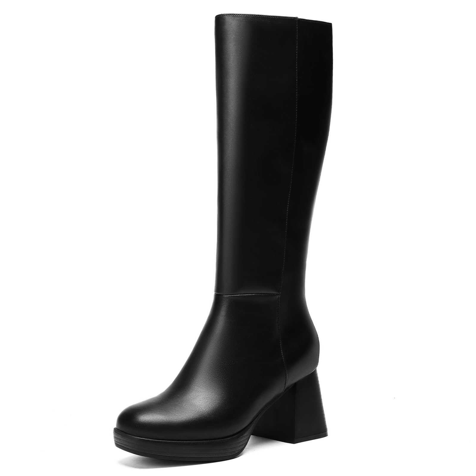 Wide Calf Knee High Boots for Women Square Toe Block Heel Tall PU Leather Fashion Boots