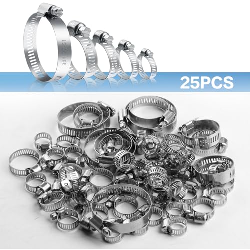25 Pcs Adjustable Stainless Steel Hose Clamps Assortment, 1/4-2 in (6-51mm) Metal Pipe Clampss, Heavy Duty Automotive Worm Gear Hose Clamps for Plumbing Garden Home Washing Machine, etc