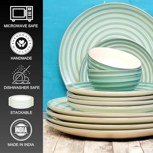 Image of Sea Swirls Design Handpainted Premium Ceramic Dinner Set 18 Pieces (6 Dinner Plates, 6 Bowls & 6 Quarter Plates) Dishwasher & Microwave Safe