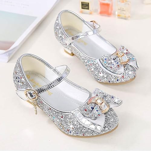 Yoawdats Girls Toddler Dress Shoes Sparkly Ruby Bowkno Flowert Wedding Party Bridesmaids Low Heel Princess Shoes for Kids (Silver, 18.2 cm)3