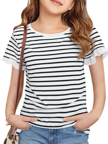 Image of Haloumoning Girls Striped Ruffle Short Sleeve T Shirts Kids Summer Crewneck Tops Casual Tees 5-14 Years