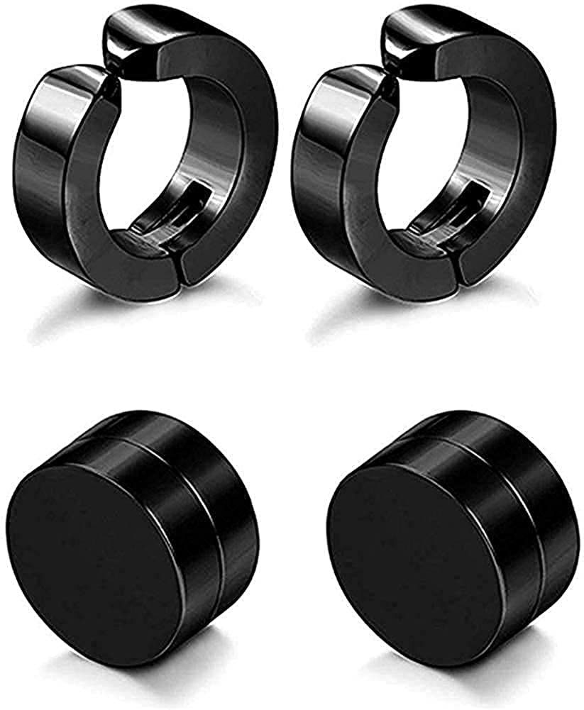 Magnetic Non Piercing Earrings (SET) For Man Punk Style Round Black Clip Stud Stainless Steel Men COMBO PACK