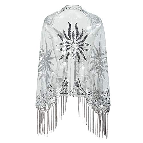 Women's 1920s Scarf Wraps Mesh Sequin Deco Fringed Wedding Cape Evening Shawl Vintage Prom2