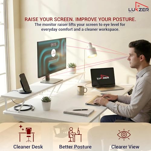 Image of Lukzer Electric Height Adjustable Desk with Monitor Riser USB & Type-C Work from Home Ergonomic Sit-Stand Table with Advanced Memory Preset 1200 x 600 Top - 1 Year Warranty (EST-004 /White & White)