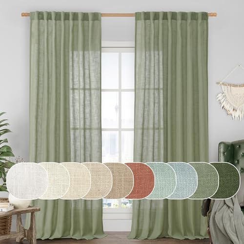 LAMIT Extra Wide Linen Curtains for Bedroom, Sage Green Light Filtering Faux Linen Textured Panels Semi Sheer Back Tab and Rod Pocket Boho Drapes for Living Room, 2 Panels, 60 x 84 Inch