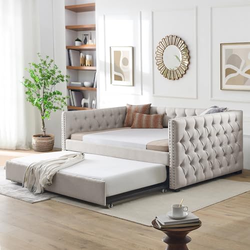 Antetek Daybed with Trundle, Modern Upholstered Full Size Button-Tufted Sofa Bed Frame with A Roll-Out Trundle, No Box Spring Needed, Furniture for Bedroom Living Room Guest Room (Beige, Full)